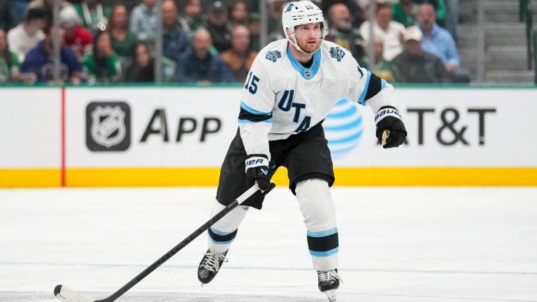Utah Hockey Club center Alexander Kerfoot skates against the Dallas Stars during the second period of an NHL hockey game, Saturday, Jan. 4, 2025, in Dallas. (AP Photo/Julio Cortez)