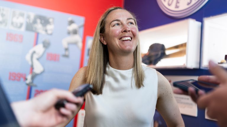 Dunedin Blue Jays position coach and Canadian National Team legend Ashley Stephenson answers questions at her induction into the Canadian Baseball Hall of Fame in 2024. (Photo by Nick Iwanyshyn/CP)