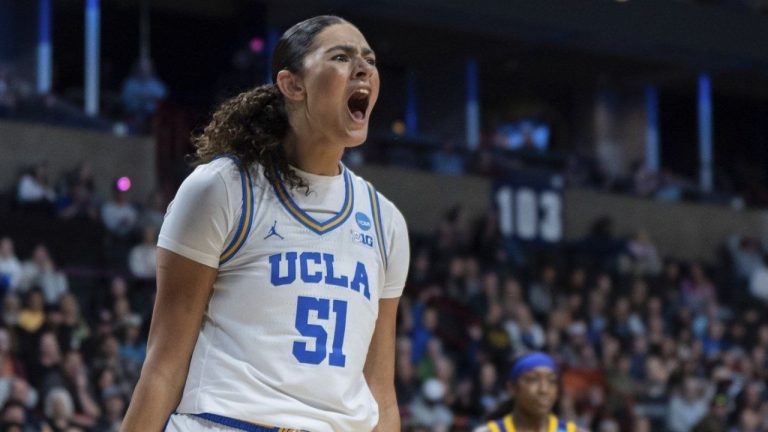 UCLA centre Lauren Betts (51) reacts during the first half of a game against LSU in the Elite Eight of the NCAA college basketball tournament, Sunday, March 30, 2025, in Spokane, Wash. (Jenny Kane/AP)
