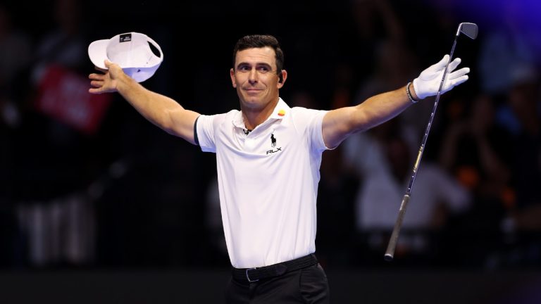Billy Horschel of Atlanta Drive GC celebrates on the fourth hole during their TGL presented by SoFi match against the New York Golf Club at SoFi Center on March 24, 2025 in Palm Beach Gardens, Florida. (Brennan Asplen/TGL/TGL Golf via Getty Images)