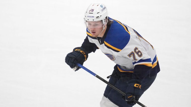 St. Louis Blues centre Zack Bolduc skates against the Dallas Stars during an NHL hockey game in Dallas, Saturday, Dec. 14, 2024. (Tony Gutierrez/AP)