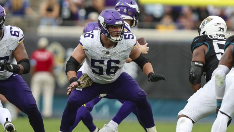 Minnesota Vikings centre Garrett Bradbury (56) rises up to block during an NFL football game against the Jacksonville Jaguars, Nov. 10, 2024, in Jacksonville, Fla. (Gary McCullough/AP)
