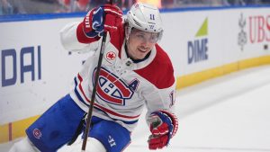 Montreal Canadiens' Brendan Gallagher (11) celebrates after scoring a goal as New York Islanders goaltender Ilya Sorokin (30) watches during the third period of an NHL game Thursday, March 20, 2025, in Elmont, N.Y. (Frank Franklin II/AP)