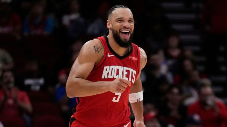 Houston Rockets forward Dillon Brooks (9) reacts after a dunk during the second half of an NBA basketball game against the New Orleans Pelicans in Houston, Saturday, March 8, 2025. (Ashley Landis/AP)