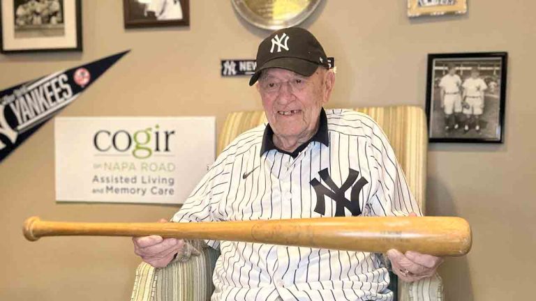 Art Schallock poses for a photo in Sonoma, Calif., on Thursday, April 18, 2024. Schallock, the oldest living former Major League Baseball player, will celebrate his 100th birthday on Thursday, April 25, 2024. (Wendy Cornejo, Cogir on Napa Road via AP)