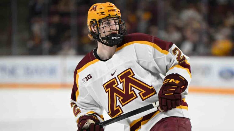 Minnesota defenseman Sam Rinzel skates against Minnesota during the second period of an NCAA hockey game on Thursday, Nov.14, 2024 in Minneapolis. Minnesota won 5-3. (Craig Lassig/AP)