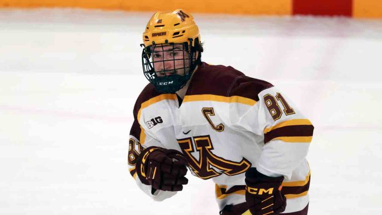 Minnesota forward Jimmy Snuggerud plays during an NCAA hockey game against Alaska on Friday, Nov. 29, 2024 in Minneapolis. (Andy Clayton-King/AP)