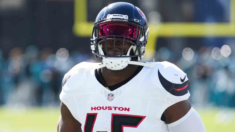 Houston Texans linebacker Devin White (45) leaves the field after pregame warmups at before an NFL football game against the Jacksonville Jaguars, Sunday, Dec. 1, 2024, in Jacksonville, Fla. (Peter Joneleit/AP)
