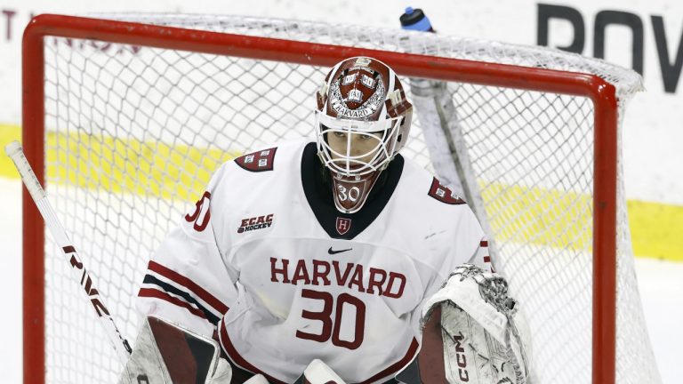 Harvard goalie Aku Koskenvuo (30) in net during the first period of an NCAA hockey game against Yale on Saturday, Jan. 11, 2025, in Cambridge, Mass. (AP Photo/Greg M. Cooper)