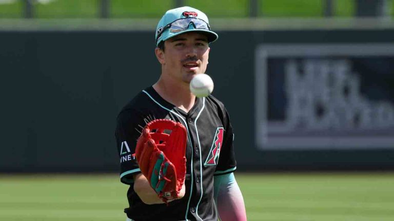 Arizona Diamondbacks' Corbin Carroll warms up prior to a spring training baseball game against the Cleveland Guardians Monday, Feb. 24, 2025, in Scottsdale, Ariz. (Ross D. Franklin/AP)
