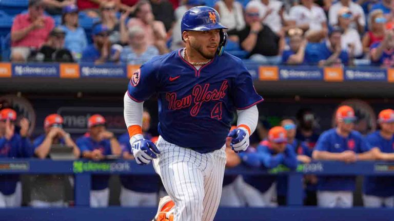 New York Mets' Francisco Alvarez heads to first on a single during the first inning of a spring training baseball game against the Houston Astros Thursday, Feb. 27, 2025, in Port St. Lucie, Fla. (Jeff Roberson/AP)