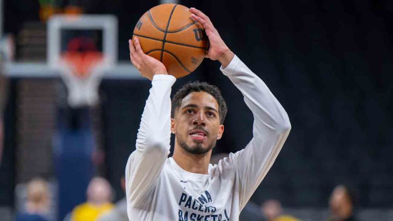 Indiana Pacers guard Tyrese Haliburton warms up on the court before an NBA basketball game against the Chicago Bulls in Indianapolis, Sunday, March 2, 2025. (Doug McSchooler/AP)