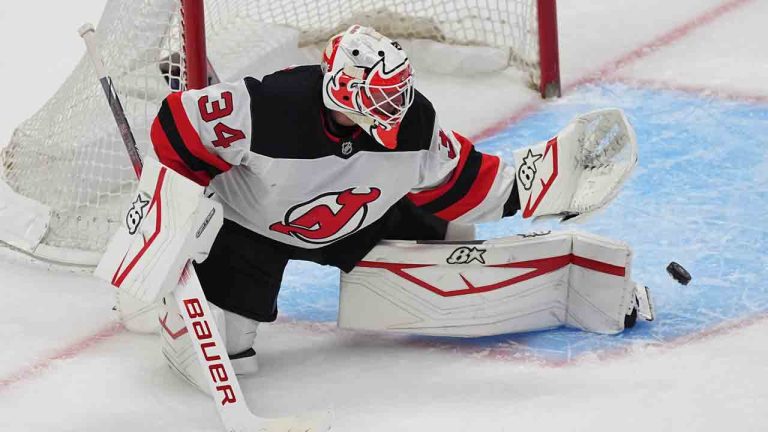 New Jersey Devils goaltender Jake Allen (34) in the third period of an NHL hockey game. (David Zalubowski/AP)