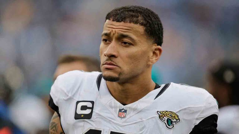 Jacksonville Jaguars tight end Evan Engram (17) on the sideline during the second half of an NFL football game against the Tennessee Titans, Dec. 8, 2024, in Nashville, Tenn. (Stew Miln/AP)