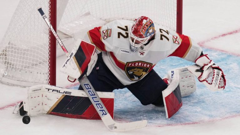 Florida Panthers goaltender Sergei Bobrovsky makes a save during the second period of an NHL hockey game against the Boston Bruins, Tuesday, March 11, 2025, in Boston. (AP/Charles Krupa)
