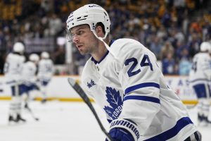 Toronto Maple Leafs left wing Scott Laughton (24) warms up before an NHL hockey game against the Nashville Predators, Saturday, March 22, 2025, in Nashville, Tenn. (George Walker IV/AP)