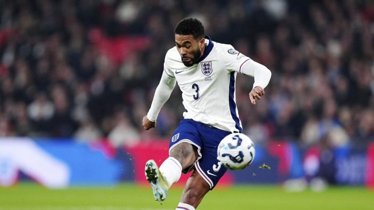 England's Reece James scores scores his side's opening goal during a World Cup qualifying soccer match between England and Latvia at Wembley stadium in London, Monday, March 24, 2025. (Mike Egerton, PA via AP)
