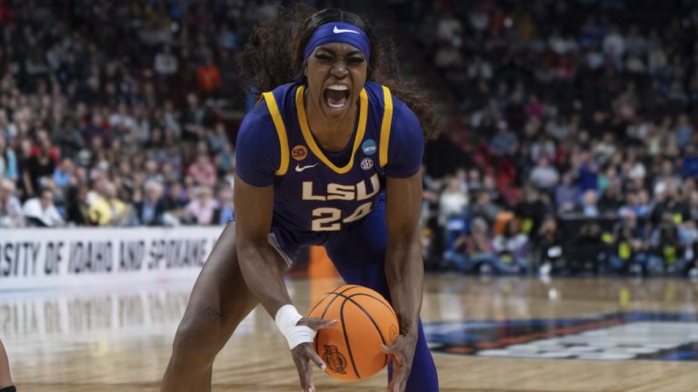 LSU forward Aneesah Morrow (24) reacts after getting a rebound during the second half in the Sweet 16 of the NCAA college basketball tournament against North Carolina State, Friday, March 28, 2025, in Spokane, Wash. (AP Photo/Jenny Kane)
