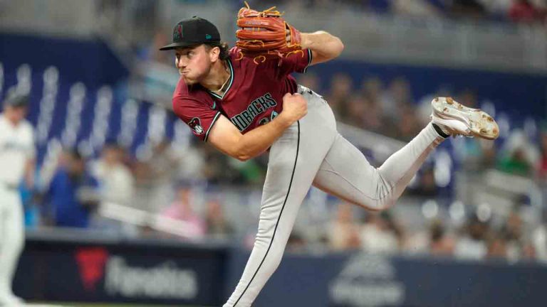 Arizona Diamondbacks starting pitcher Brandon Pfaadt follows through on a pitch during the third inning of a baseball game against the Miami Marlins, Monday, Aug. 19, 2024, in Miami. (Lynne Sladky/AP)