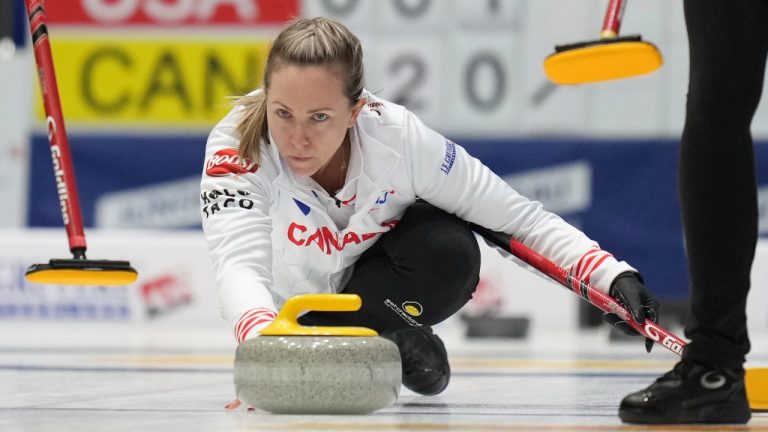 Canada's skip Rachel Homan releases the stone during the match against the United States at the World Women's Curling Championship in Uijeongbu, South Korea, Tuesday, March 18, 2025. (Lee Jin-man/AP)