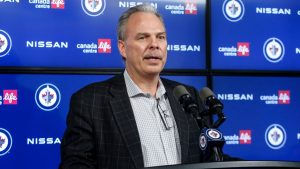 Winnipeg Jets General Manager Kevin Cheveldayoff speaks to media during a post playoff press conference in Winnipeg, Thursday, May 2, 2024. (John Woods/CP)