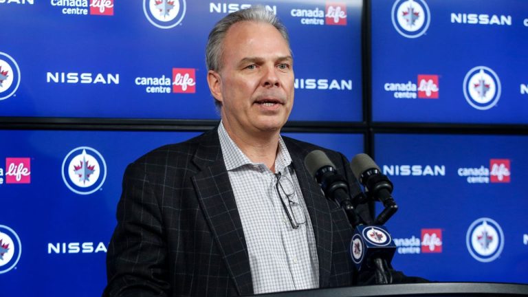 Winnipeg Jets General Manager Kevin Cheveldayoff speaks to media during a post playoff press conference in Winnipeg, Thursday, May 2, 2024. (John Woods/CP)