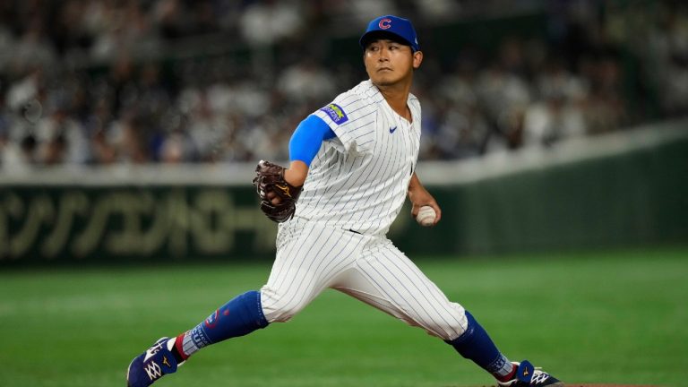 Chicago Cubs starting pitcher Shota Imanaga throws to the Los Angeles Dodgers in the first inning of an MLB Japan Series baseball game in Tokyo, Japan, Tuesday, March 18, 2025. (Hiro Komae/AP)