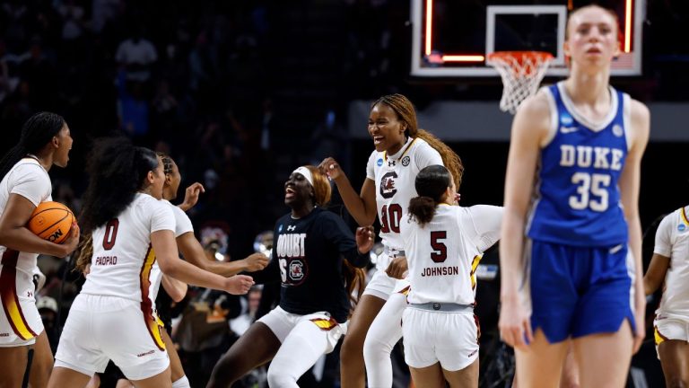 South Carolina players celebrate after their win over Duke to advance to the Final Four during the second half in the Elite Eight of the NCAA college basketball tournament, Sunday, March 30, 2025, in Birmingham, Ala. (Butch Dill/AP)