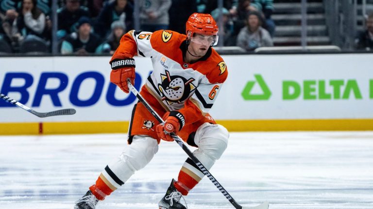 Anaheim Ducks defenceman Brian Dumoulin skates with the puck during an NHL hockey game against the Seattle Kraken, Wednesday, Nov. 27, 2024, in Seattle. (Stephen Brashear/AP)