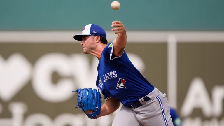 Toronto Blue Jays pitcher Mason Fluharty throws in the third inning of a spring training baseball game against the Boston Red Sox in Fort Myers, Fla., Sunday, March 3, 2024. (Gerald Herbert/AP)