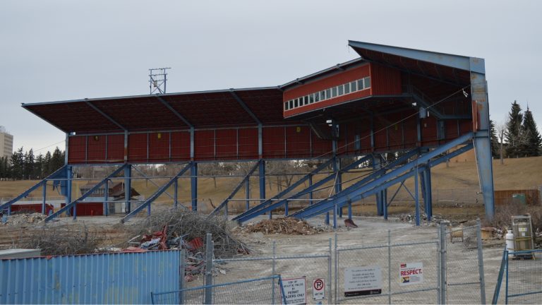 Foothills Stadium at the beginning of its demolition in Calgary, Alta. on March 9, 2025.
