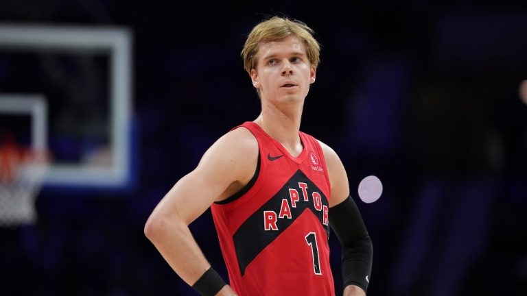 Toronto Raptors' Gradey Dick plays during an NBA basketball game, Tuesday, Feb. 11, 2025, in Philadelphia. (Matt Slocum/AP)