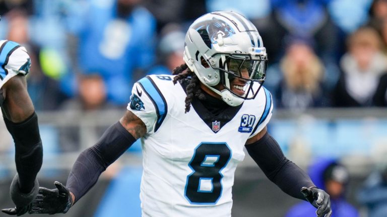 Carolina Panthers cornerback Jaycee Horn celebrates after sacking Dallas Cowboys quarterback Cooper Rush during the first half of an NFL football game, Sunday, Dec. 15, 2024, in Charlotte, N.C. (Rusty Jones/AP)