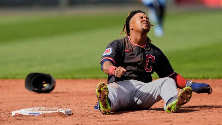 Cleveland Guardians' Jose Ramirez reacts after getting caught stealing second during the third inning of a baseball game against the Kansas City Royals, Saturday, March 29, 2025, in Kansas City, Mo. (Charlie Riedel/AP)