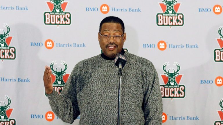 Junior Bridgeman talks to the media before an NBA basketball game between the Milwaukee Bucks and Brooklyn Nets Saturday, March 1, 2014, in Milwaukee. (Jeffrey Phelps/AP)