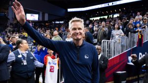 Golden State Warriors head coach Steve Kerr waves after an NBA basketball game against the New York Knicks Saturday, March 15, 2025, in San Francisco. (Benjamin Fanjoy/AP)