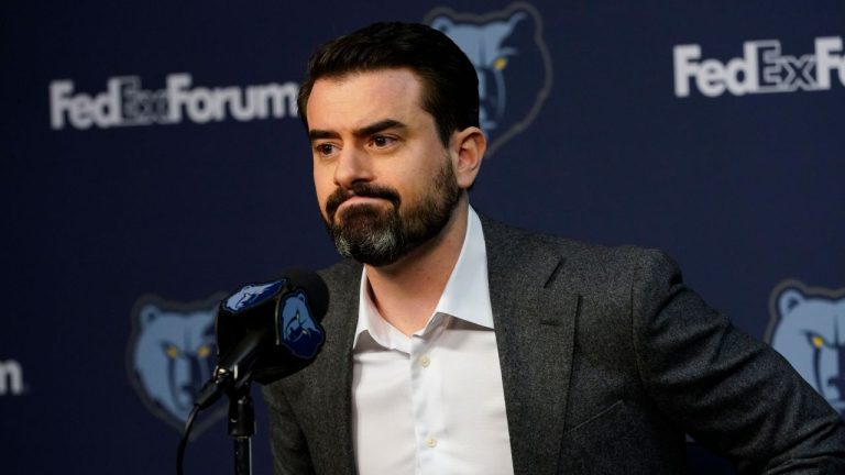 Memphis Grizzlies general manager Zach Kleiman responds to questions during the NBA basketball team's media day in Memphis, Tenn. Monday, Oct. 2, 2023. (George Walker IV/AP)