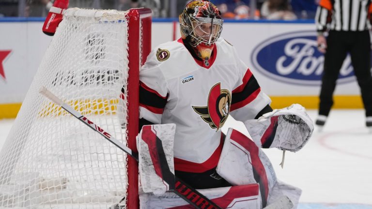 Ottawa Senators goaltender Leevi Merilainen protects the net during the second period of an NHL game against the New York Islanders, Tuesday, Jan. 14, 2025, in Elmont, N.Y. (AP/Frank Franklin II)