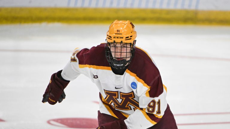 Minnesota forward Matthew Wood (91) in action against Massachusetts in overtime during the first round of the NCAA college hockey tournament on Thursday, March 27, 2025, in Fargo, N.D. Massachusetts won 5-4 in overtime. (Craig Lassig/AP)
