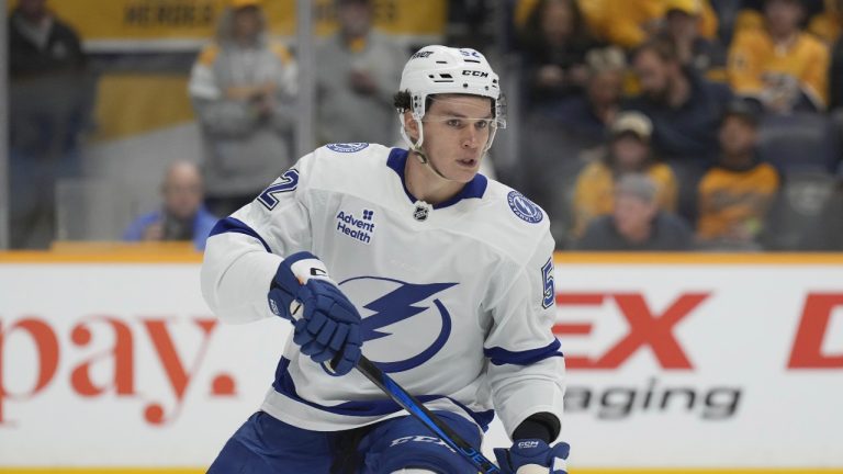 Tampa Bay Lightning's Maxim Groshev (52) plays against the Nashville Predators during an NHL hockey game Saturday, Sept. 28, 2024, in Nashville, Tenn. (AP Photo/Mark Humphrey)
