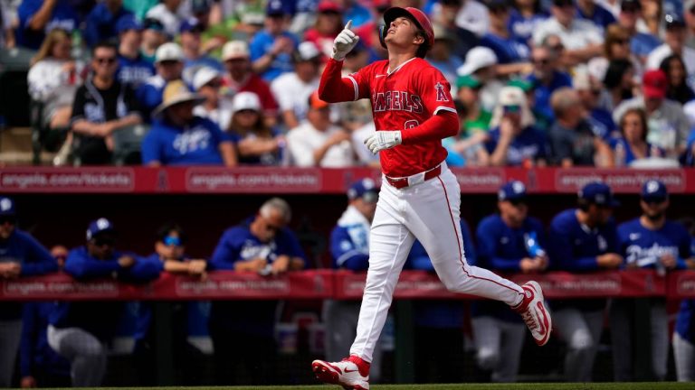 Los Angeles Angels' Mickey Moniak rounds the bases after hitting a solo home run against the Los Angeles Dodgers during the first inning of a spring training baseball game, Wednesday, March 5, 2025, in Tempe, Ariz. (Matt York/AP)