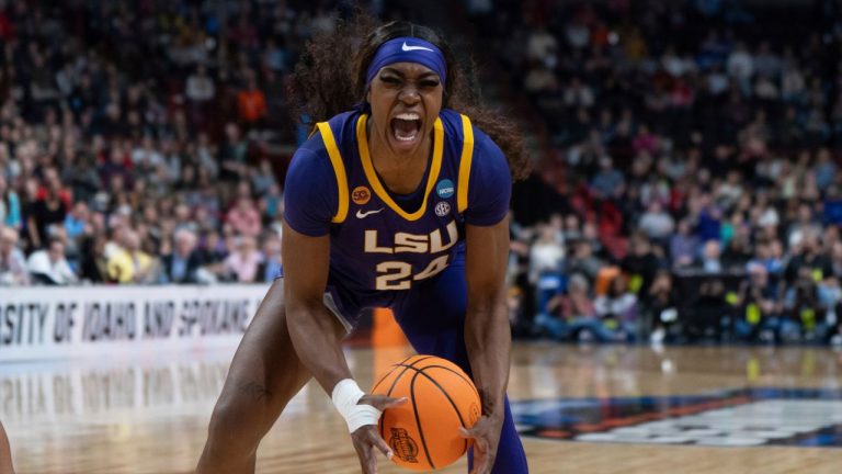 LSU forward Aneesah Morrow (24) reacts after getting a rebound during the second half in the Sweet 16 of the NCAA college basketball tournament against North Carolina State, Friday, March 28, 2025, in Spokane, Wash. (Jenny Kane/AP)