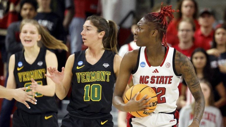 North Carolina State's Saniya Rivers (22) reacts to a call during the first half against Vermont in the first round of the NCAA college basketball tournament in Raleigh, N.C., Saturday, March 22, 2025. (Karl DeBlaker/AP)
