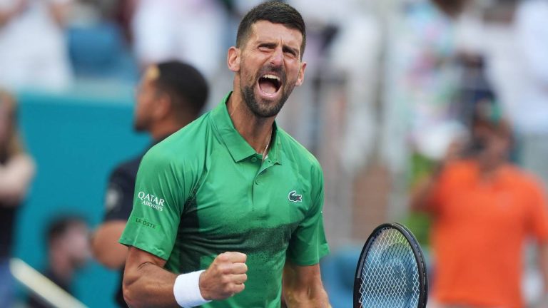 Novak Djokovic of Serbia celebrates after defeating Sebastian Korda during the Miami Open tennis tournament.(Marta Lavandier/AP)