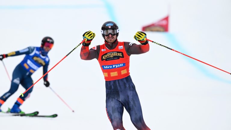 Canada's Reece Howden wins the men's big final in the World Cup Ski Cross competitions at Idre Fjäll, in Idre, Sweden, Saturday, March 29, 2025. (Pontus Lundahl/TT News Agency via AP)