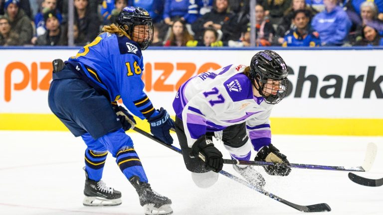 Toronto Sceptres' Jesse Compher (18) collides with Minnesota Frost forward Britta Curl-Salemme (77) during second period PWHL hockey action, in Toronto, on Sunday, March 9, 2025. THE CANADIAN PRESS/Christopher Katsarov