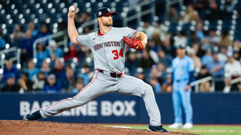 Washington Nationals pitcher Michael Soroka (34) throws a pitch during the fifth inning of MLB baseball action against the Washington Nationals, in Toronto, Monday, March 31, 2025. (Thomas Skrlj/CP)