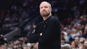 Former Memphis Grizzlies head coach Taylor Jenkins looks on during the first half of an NBA game against the Utah Jazz, Tuesday, March 25, 2025, in Salt Lake City. (Rob Gray/AP)