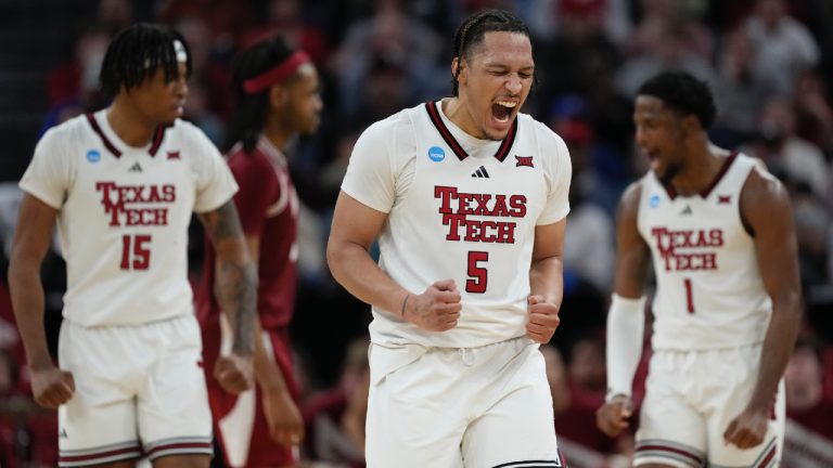 Texas Tech forward Darrion Williams (5) reacts after taking the lead during overtime in the Sweet 16 of the NCAA college basketball tournament game against Arkansas, Thursday, March 27, 2025, in San Francisco. (Godofredo A. Vásquez/AP)