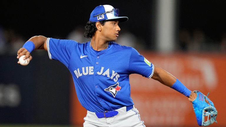Toronto Blue Jays shortstop Arjun Nimmala warms up during the first inning of a spring training baseball game against the New York Yankees Friday, Feb. 28, 2025, in Tampa, Fla. (Chris O'Meara/AP)
